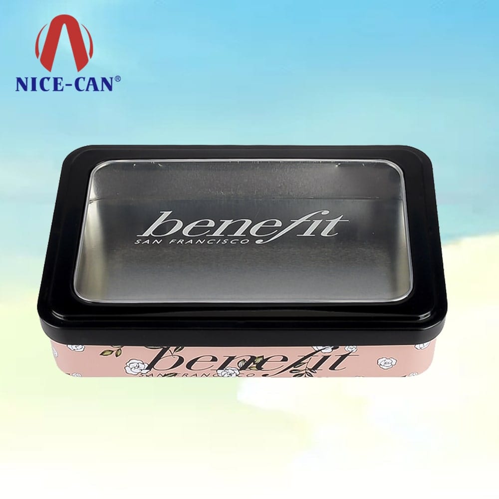 Rectangular cosmetic tin boxes storage with clear window lid