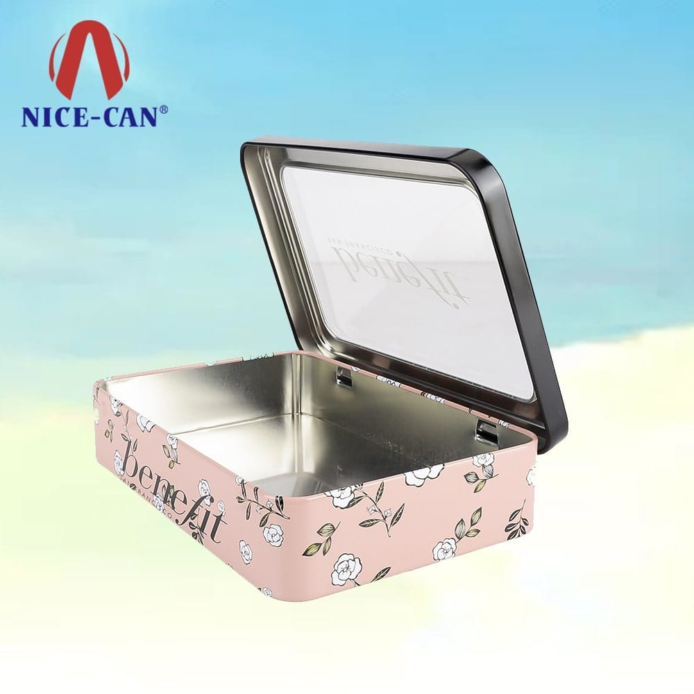 Rectangular cosmetic tin boxes storage with clear window lid