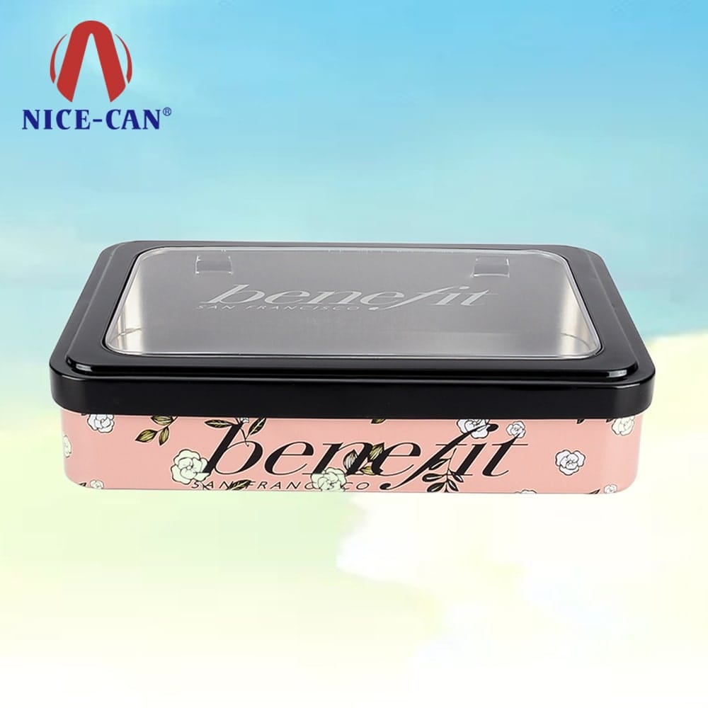 Rectangular cosmetic tin boxes storage with clear window lid