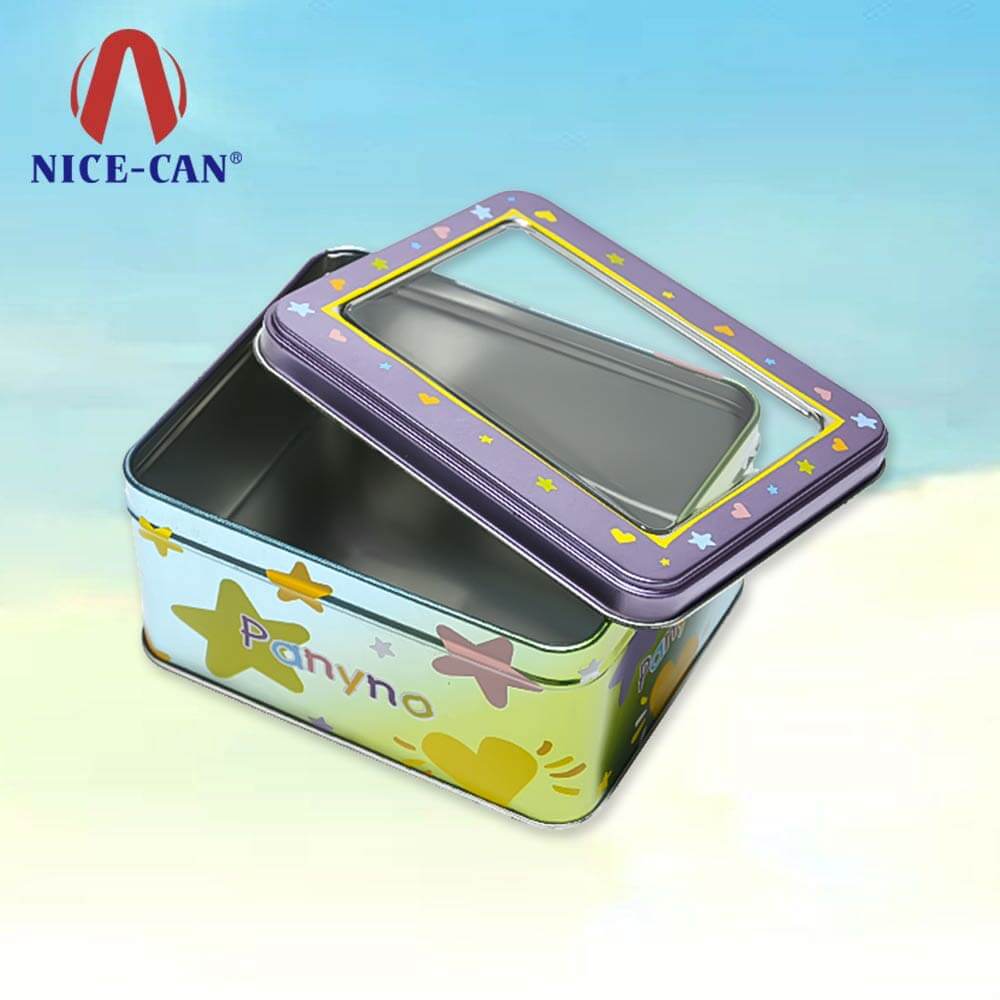 Wholesale rectangle metal storage candy tin box with clear pvc window lid