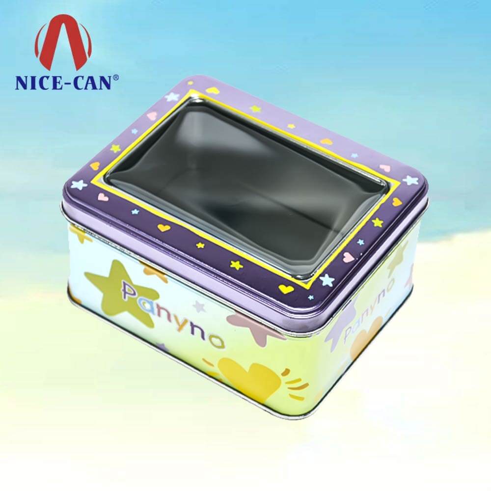 Wholesale rectangle metal storage candy tin box with clear pvc window lid