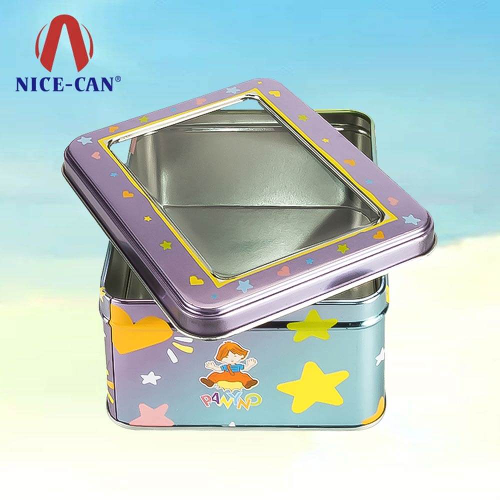 Wholesale rectangle metal storage candy tin box with clear pvc window lid