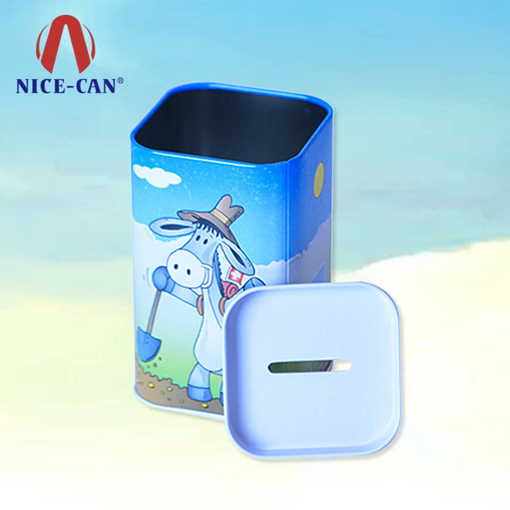 Square children money saving tin box coin bank tin can piggy bank tin coin box