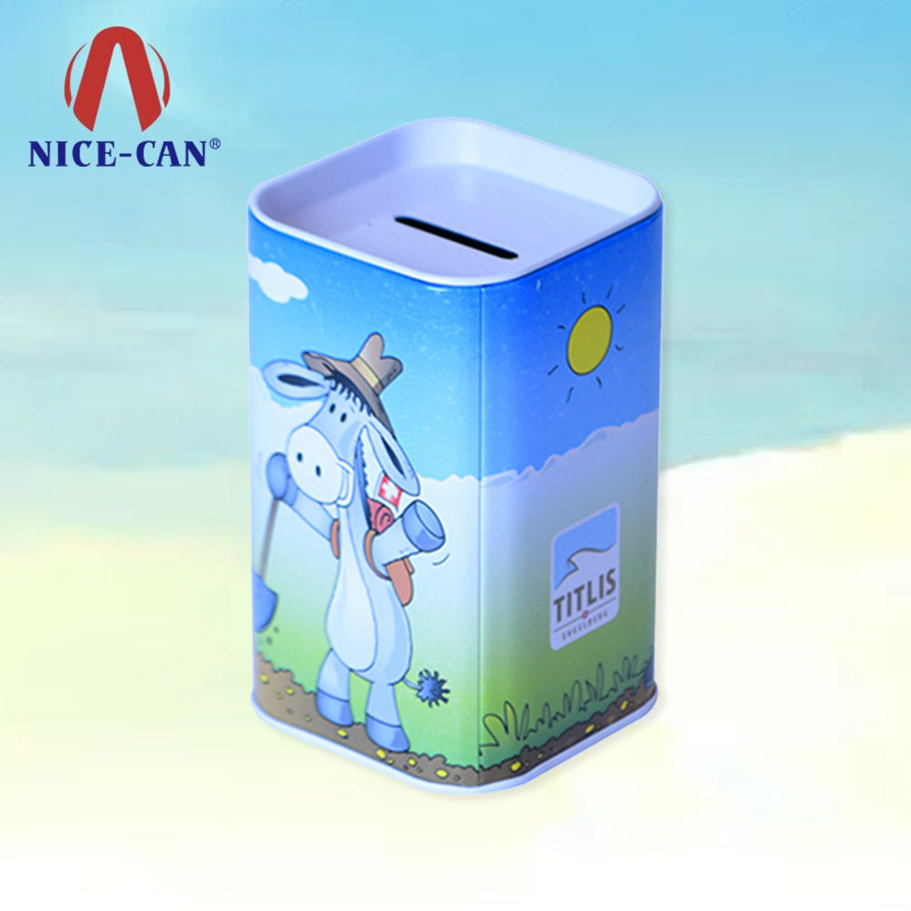 Square children money saving tin box coin bank tin can piggy bank tin coin box