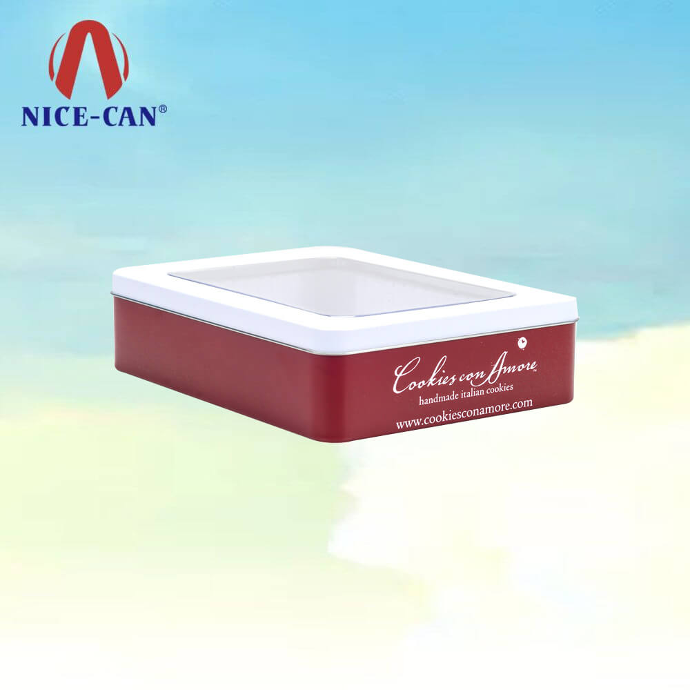 Cosmetic Packaging Metal Hineged Tin Box With Clear PVC Window On Lid