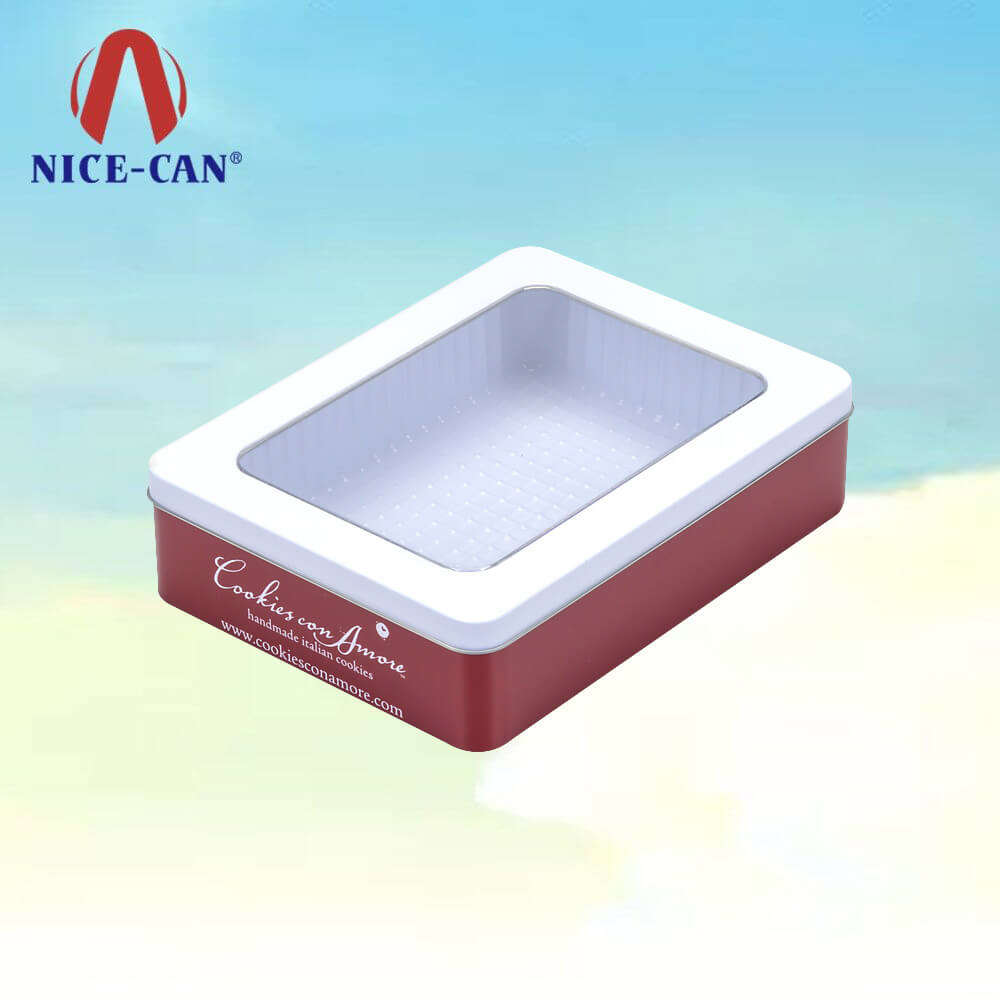 Cosmetic Packaging Metal Hineged Tin Box With Clear PVC Window On Lid
