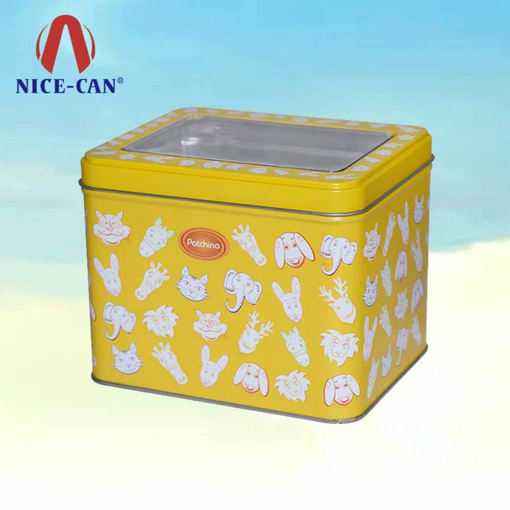 Rectangle candy chocolate tin box hinged lid metal tin box clear PVC window