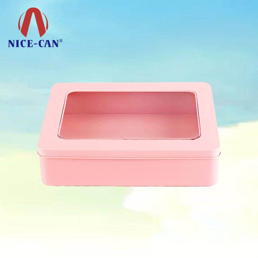 Rectangular pink metal cake biscuit gift tin box clear pvc window