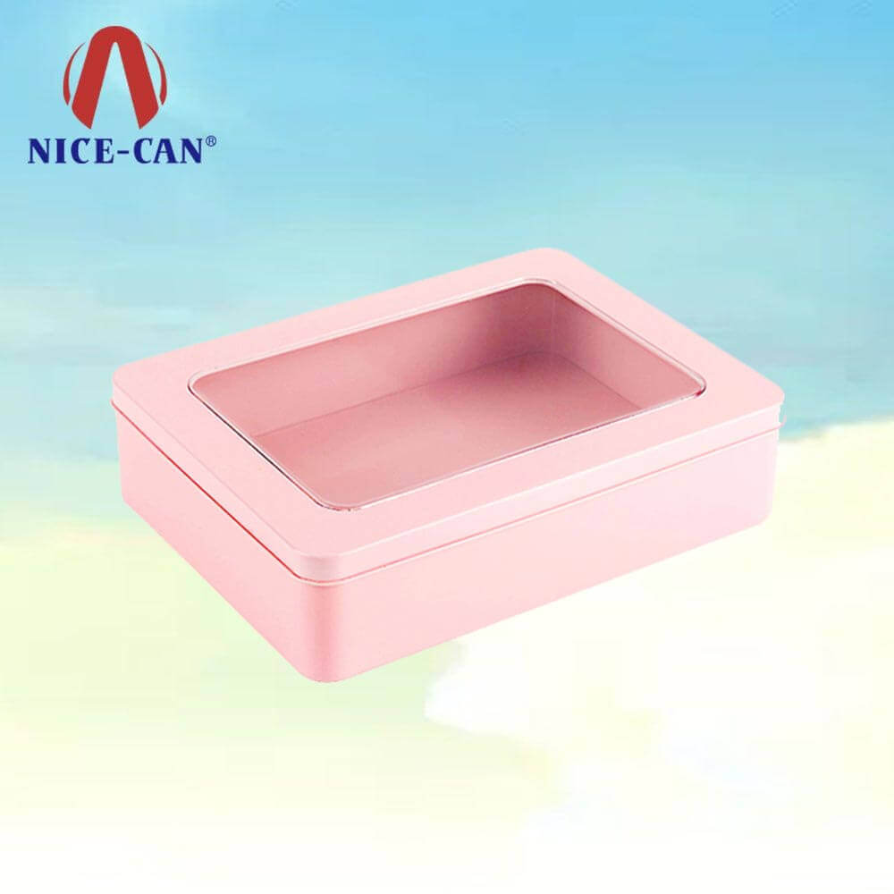 Rectangular pink metal cake biscuit gift tin box clear pvc window