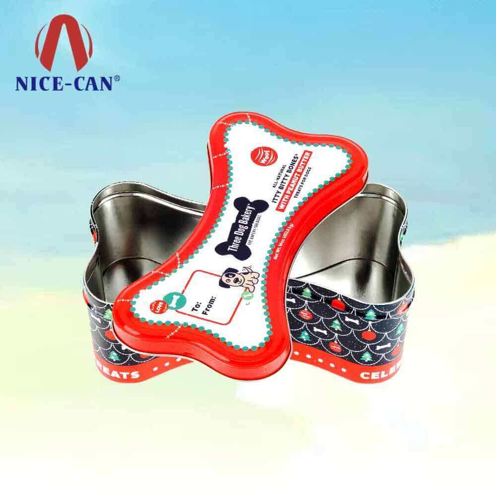 Hot sale dog bone shaped tin box pet dog food storage candy tin boxes